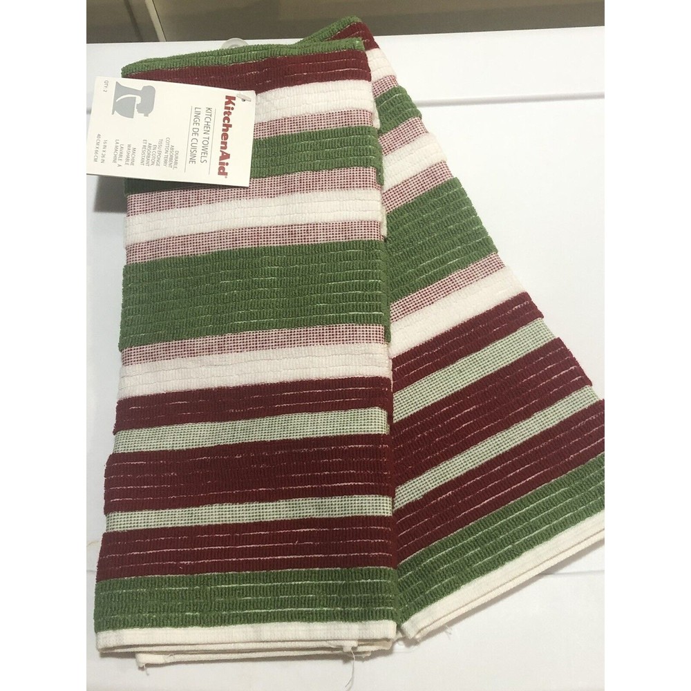 New Kitchen Aid 2 Kitchen Towels Dish Hand 2 Pack Cotton Red & Green Christmas